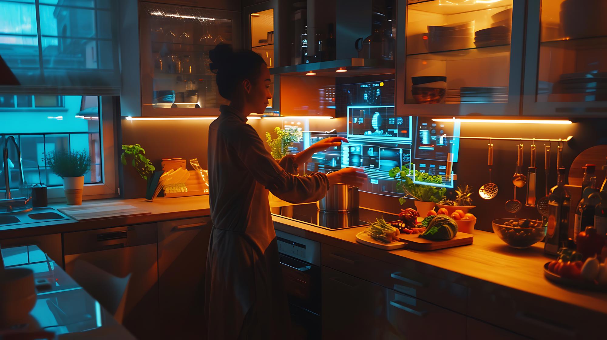High-tech kitchen workspace with monitors
